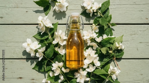 A glass bottle of essential oil surrounded by white jasmine flowers on a wooden surface