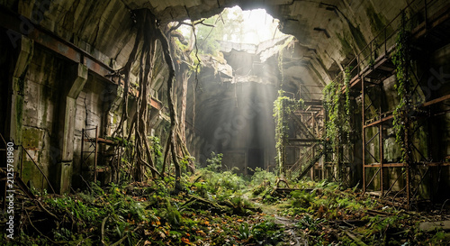 Abandoned concrete bunker overgrown with tree roots and green plants with sun rays shining through a roof collapse