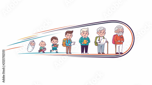 Life Stages Evolution: Baby to Elderly Man with Gadgets and Backpacks