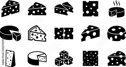 Collection of various cheese icons in black and white silhouette style.