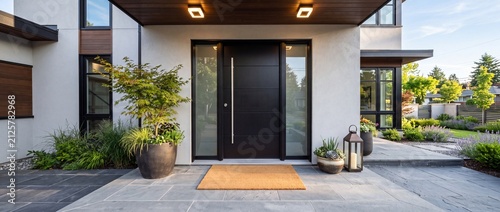 Modern house entrance with a black front door, large planters, and a clean concrete pathway leading up