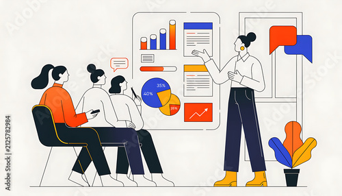 Business presentation meeting illustration. Executive leader explaining data charts to team.