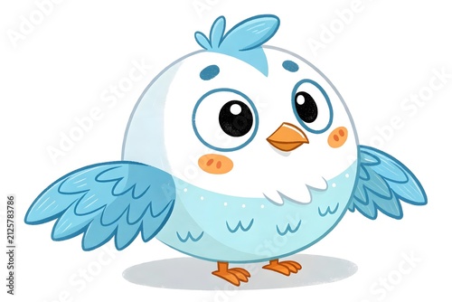 Cute cartoon owl bird with big eyes and blue wings standing