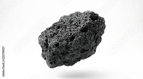 Black porous lava rock floating against white background.