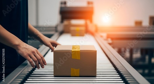 Automated factory conveyor belt with cardboard boxes and worker hands