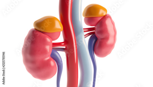 3D medical illustration of human kidneys. Anatomical model of renal system with adrenal glands.