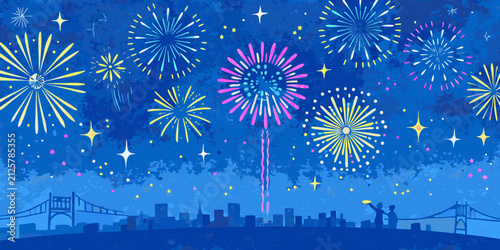 Konstfotografi Colorful fireworks display illustration over a silhouetted cityscape with a text