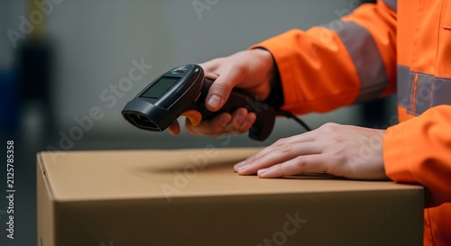 Warehouse worker scanning barcode on cardboard box with handheld reader