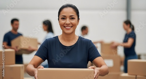 Smiling female volunteer holding cardboard box in distribution center warehouse