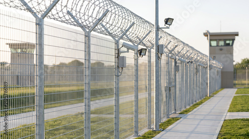 High security fence structure, with razor wire and surveillance camera, standing along perimeter boundary, in outdoor facility compound, security surveillance photography