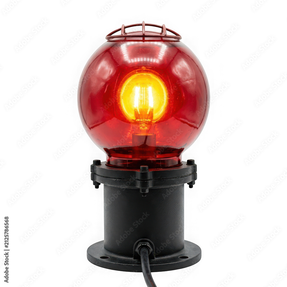Fototapeta premium Industrial red signal light with a protective cage isolated on transparent background