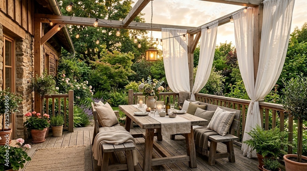 Fototapeta premium Cozy outdoor dining patio with string lights and white curtains at dusk