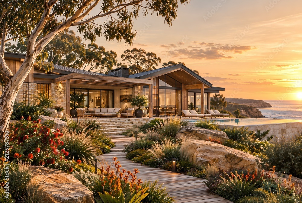Fototapeta premium Luxury Australian Coastal Modern Farmhouse Overlooking Ocean Cliffs