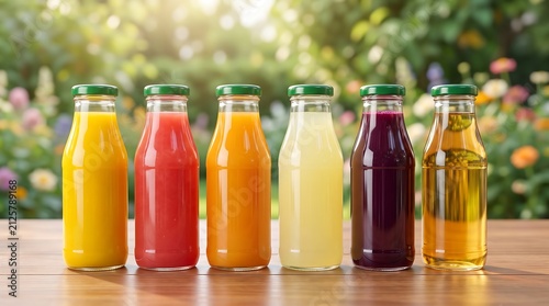 A row of glass bottles filled with colorful fruit juices sitting on a wooden table outdoors in a garden under sunny natural light.