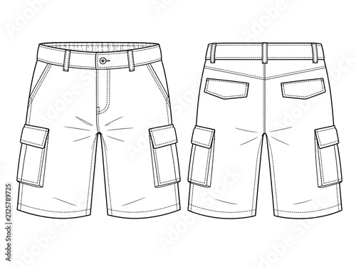 Quadro su tela Cargo Shorts Front and Back View Black and White Vector Line Art