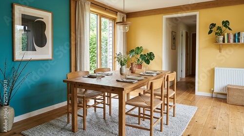 Cozy Dining Room with Yellow and Teal Walls, Natural Light