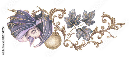 Cute sleeping bat with gold moon and ivy leaves. Hand drawn watercolor purple bat with baroque ornament in vintage style. Victorian graphic for halloween card. Gothic autumn decorative art border.