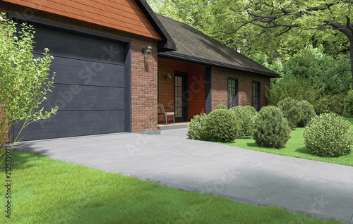 Suburban house with garage, curved driveway, manicured lawn and lush green trees