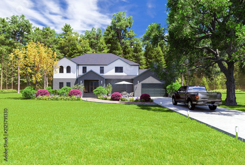 Suburban home with manicured lawn and driveway