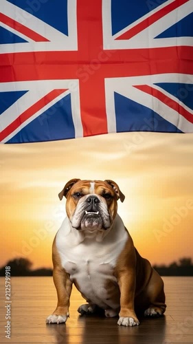 British Bulldog with UK Flag Sunset Background Conceptual Stock Photo