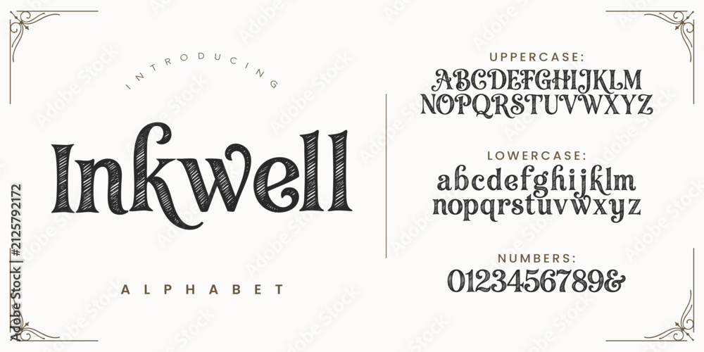 Fototapeta premium Inkwell traditional literary serif font with artistic calligraphic curved lines for editorial publication headers