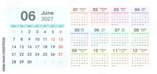 2027 Calendar Template with Full Year Monthly Calendar