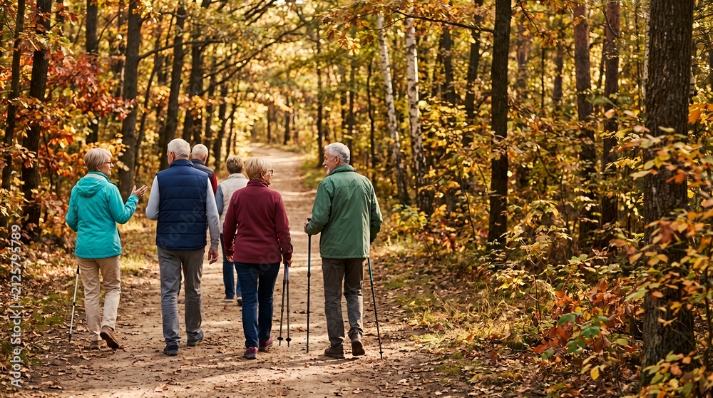 Fototapeta premium Active seniors hiking together on a trail in a vibrant fall woodland.