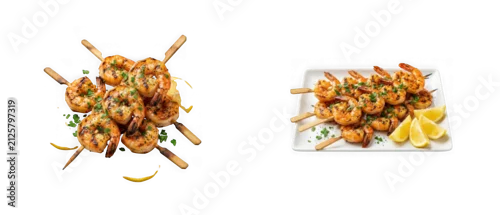 Obraz  z motywem Grilled shrimp skewers with herbs and lemon isolated on transparent background