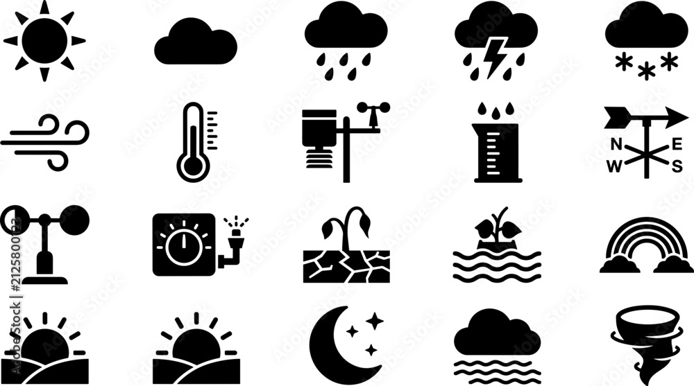 Obraz premium Set of weather and climate icons in black silhouette style.