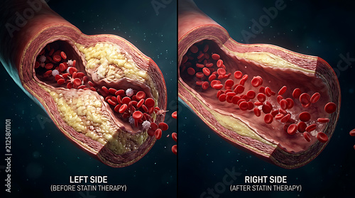 detailed visualization of arterial plaque breakdown showcasing effects of statin therapy on blood vessel health