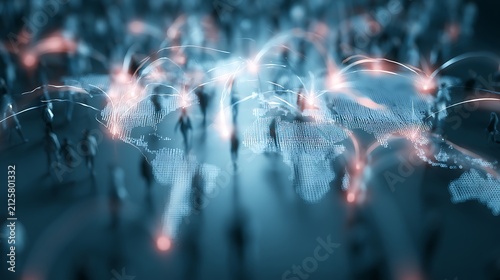 International labor movement, holographic continents linked by luminous workforce streams,