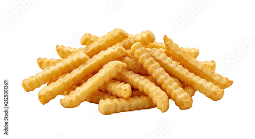 A pile of golden crinkle cut french fries isolated on white background high quality 4K PNG image in white background