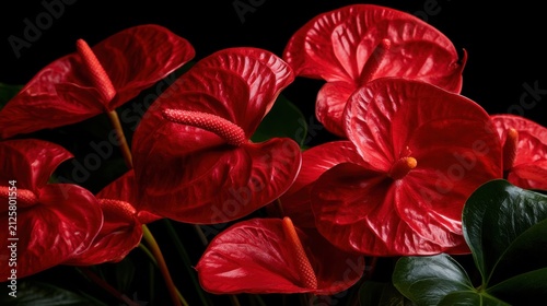 Close-up of vivid red tropical flower with glossy heart-shaped petals and prominent spadix surrounded by dark green leaves in dramatic lighting for botanical nature concept