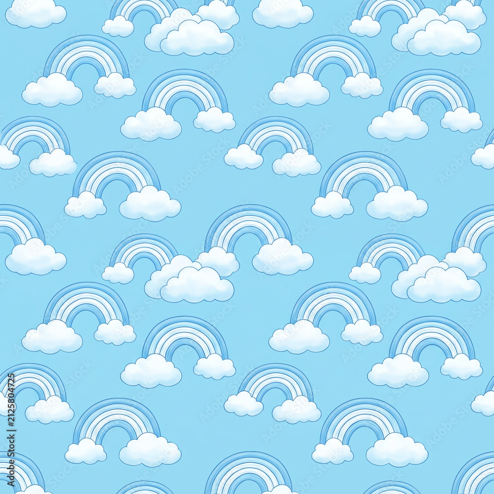Seamless vector pattern with cute blue rainbows and fluffy white clouds on a light blue background, perfect for baby design, fabric and wallpaper