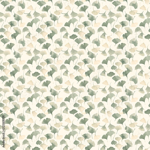 Seamless watercolor ginkgo leaves pattern design featuring delicate green and soft beige botanical elements on a light cream background for decor