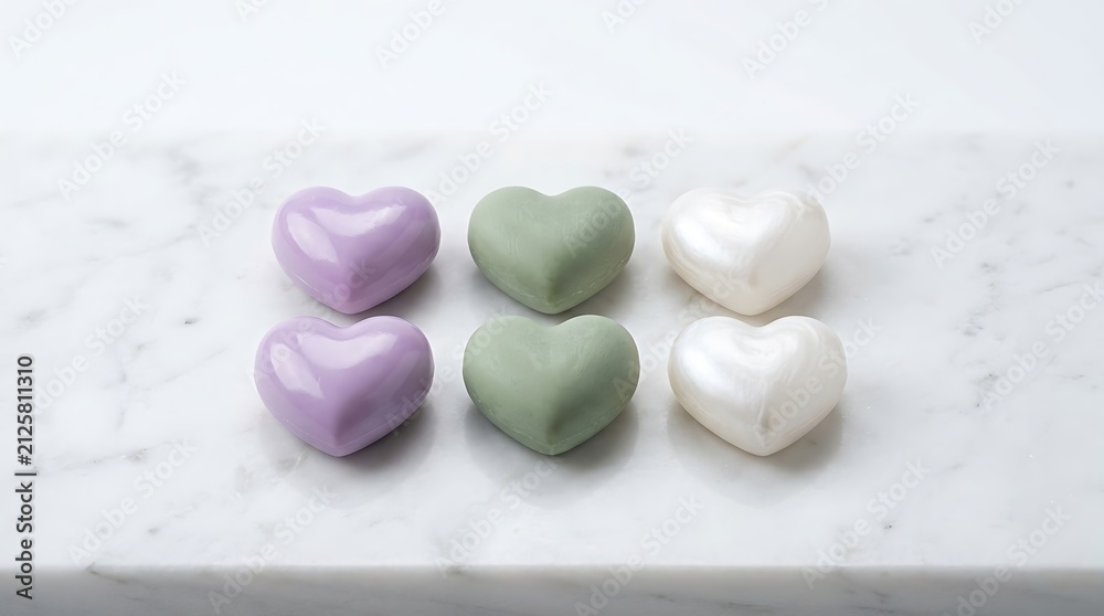 Obraz premium Six heart shaped pastel artisan soaps on white marble surface