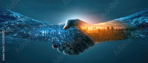 Two hands shaking, symbolizing unity between nature and cityscapes