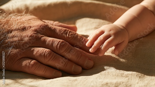 Gentle touch an elder's weathered hand meets a baby's soft fingers