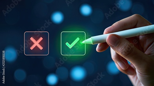 Hand selects glowing green checkmark over red 'X' in digital interface