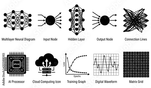Neural Network and Ai Technology Diagram Icons Showing Layers, Nodes, Connections, and Data Plots