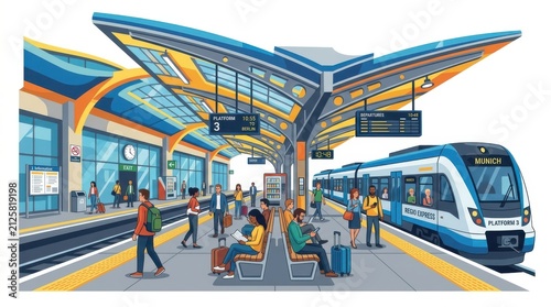 Modern train station platform with passengers waiting for a train in a colorful city terminal