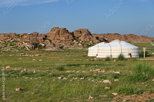 Scenic view of yurt camp in Mongolian steppe