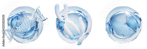 Collagen cell bubble 3d set with transparent liquid DNA helix, chromosomes and molecule in blue fluid balls. Genetic cosmetics, beauty science. Water hyaluronic acid serum droplets. 3D illustration