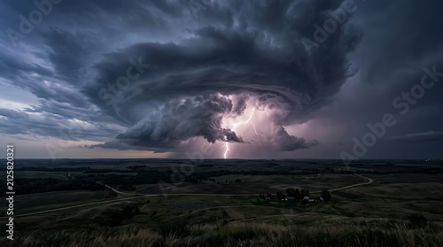 Dramatic supercell storm with lightning bolt over rural plains
