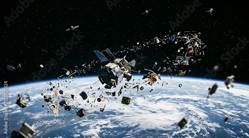 Broken satellite and mechanical junk orbiting planet earth