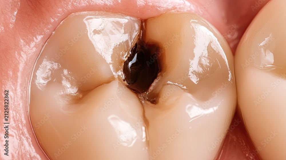 Fototapeta premium Macro view of a decayed tooth with a deep cavity and dark enamel