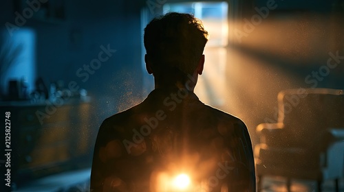 Man bathed in ethereal golden light beams, facing away