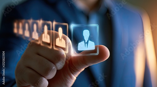 Hand selecting a glowing profile icon from a line of human figures