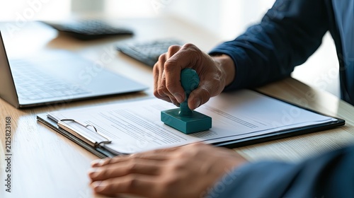 Person stamping official document on desk with laptop and calculator