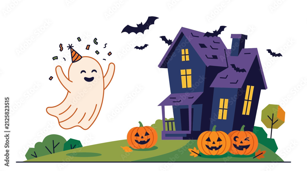 Fototapeta premium Ghost wearing a party hat throws colorful confetti in front of a dark haunted house and pumpkins.